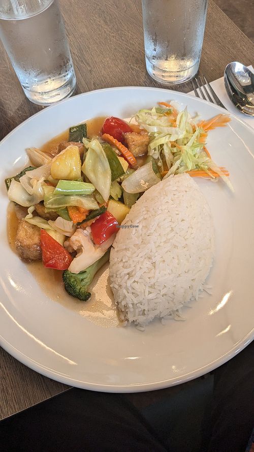 Sweet and sour sauce veg + tofu with rice at Sukawatee  in St Albans