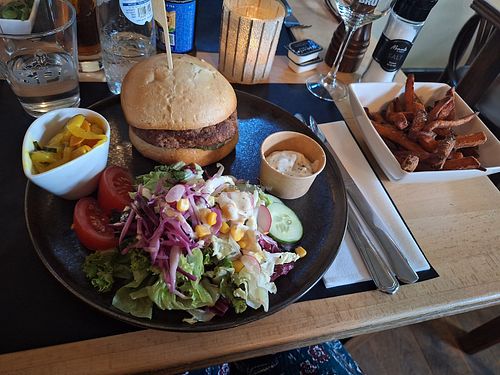 Vegetarische burger met fris slaatje en zoete aardappelfrietjes at Le Vert de Pommier in Stoumont