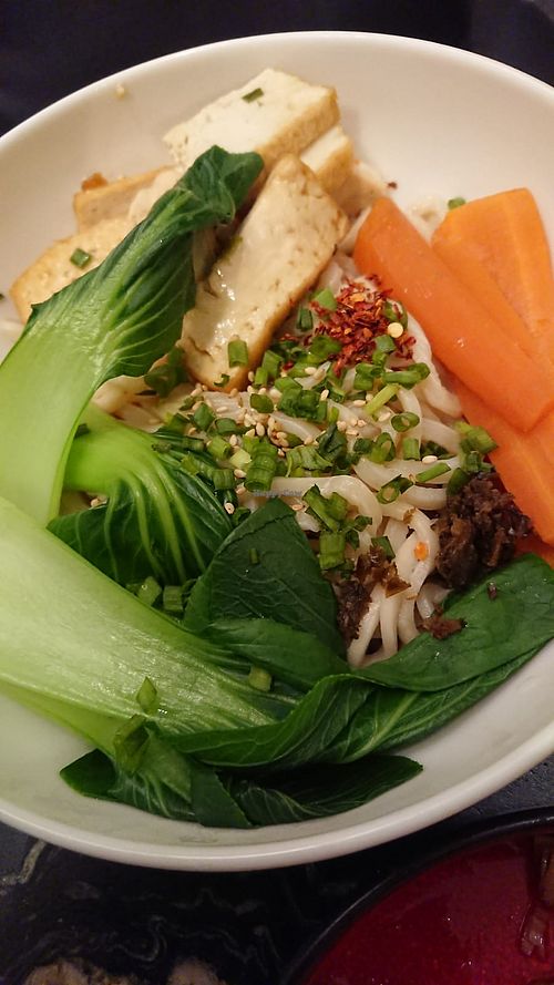 One of the two mains (we forgot to take pics of the starters). Slightly hot soup with tofu and lots of other stuff. at Atelier Mala in Bayonne