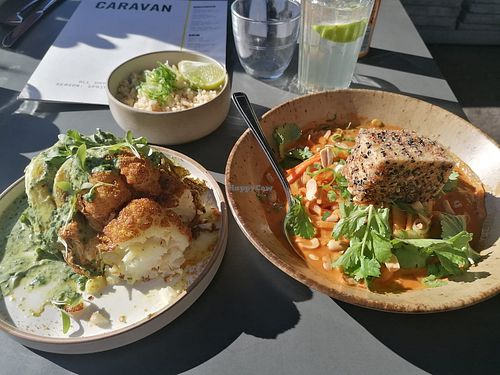 Spiced cauliflower and red curry with tofu and rice at Caravan City in London