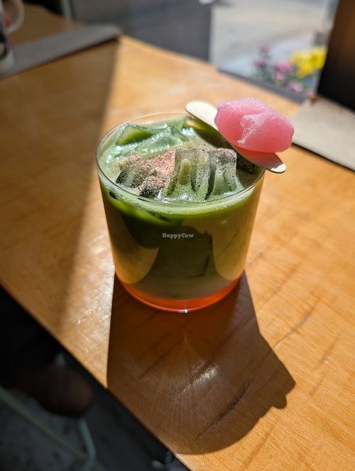 Cherry blossom matcha latte (vegan) at Little Cat x Three Bites in Columbus