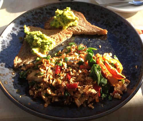 Tofu scramble and soy cappuccino at Invita Living Food in Melbourne