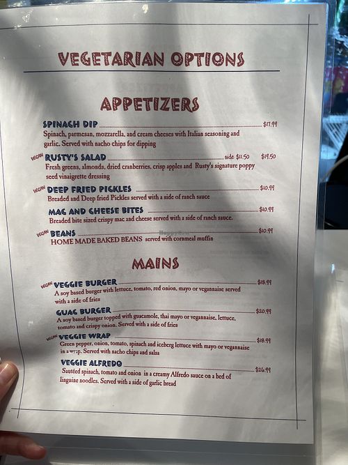 Vegetarian menu with vegan options marked  at The Rusty Anchor Restaurant in Inverness