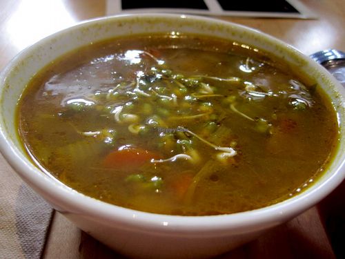 Soup of the day (cooked) : vegetable and garam masala soup. at Om Prana in Quebec