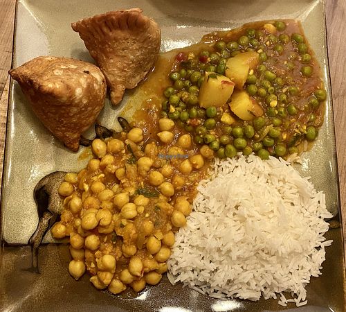 Samosas, aloo matar, basmati rice, garbanzo beans at Himalayan Restaurant in Big Bear Lake