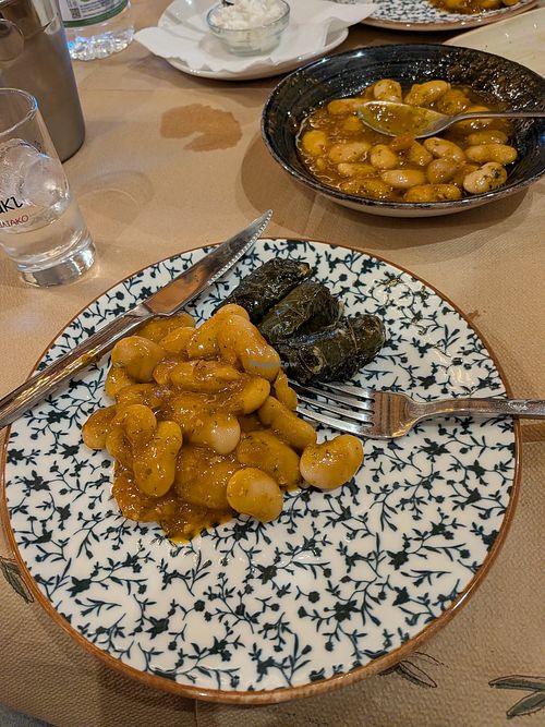 Vegan giant beans and dolmadakia at To Steki tou Mina in Laurium