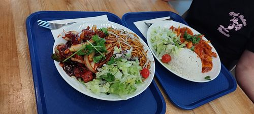 Kung pow soy chicken + peanut curry with rice. at Hakka in North West London