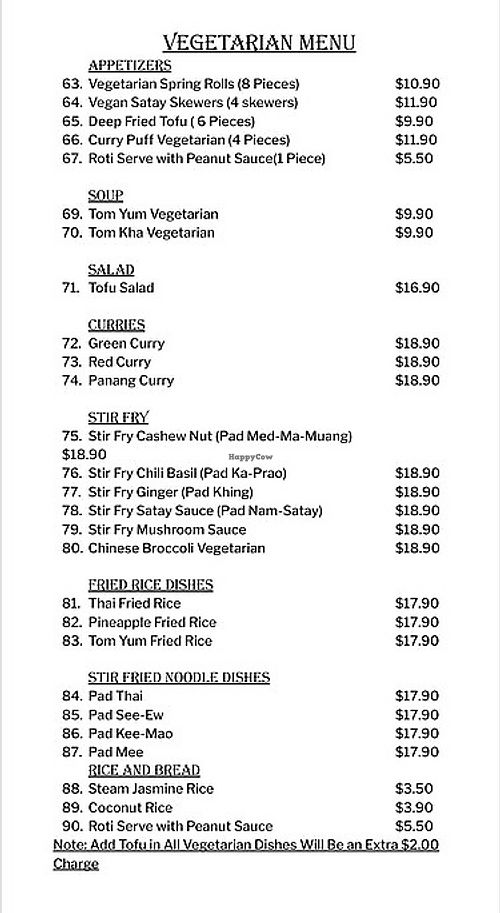 Vegetarian menu  at Bluestone Thai in Yarraville