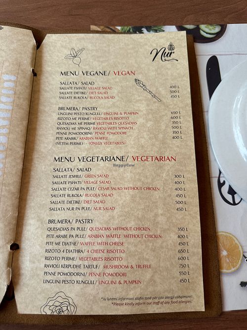 Vegan and vegetarian menu  at Nur in Tirana