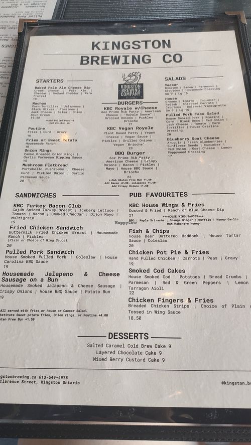 Menu at The Kingston Brewing Company in Kingston