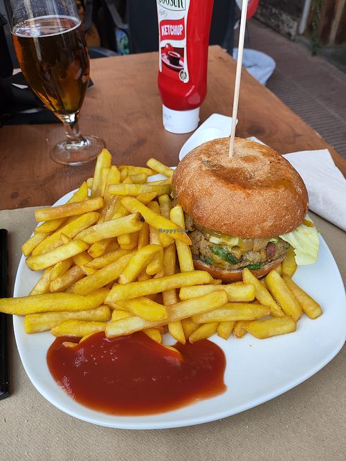 Chickpea burger with fries for around €16 at Surfer Bar in El Port De La Selva