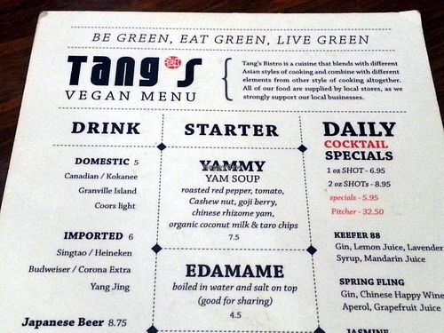 vegan menu at Tang's Bistro in Vancouver