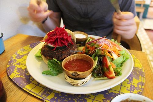 Vegan burger at La Jícara Librespacio Cultural in Oaxaca