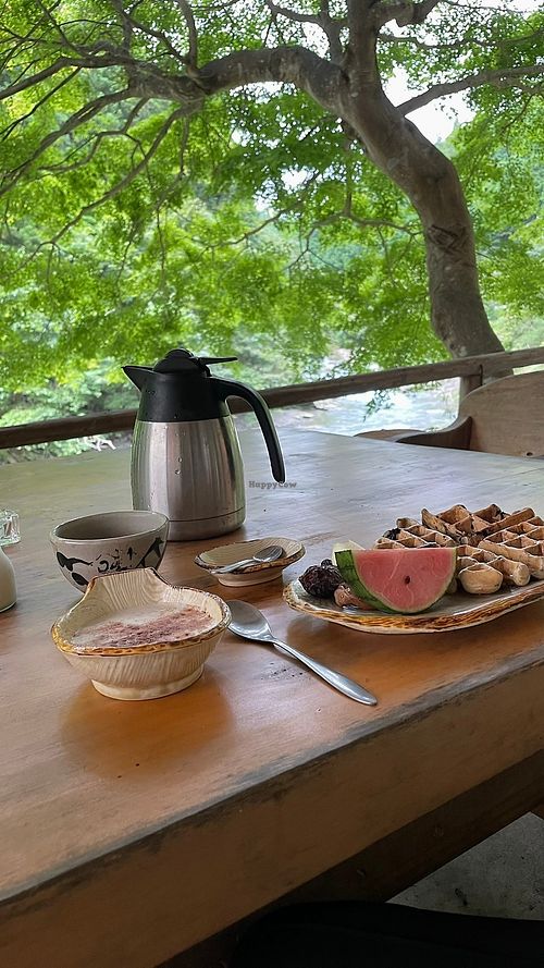 Delicious vegan waffles with almond yoghurt and fruit for breakfast. at Earth Hostel - Nikko Riverhouse in Nikko