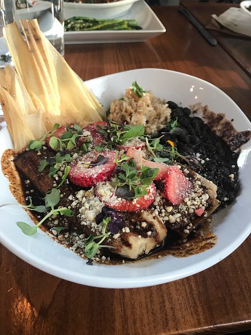 Jackfruit tamales - the sliced fruit on top of this savory dish threw me off, but it works at Seabirds Kitchen - The LAB in Costa Mesa
