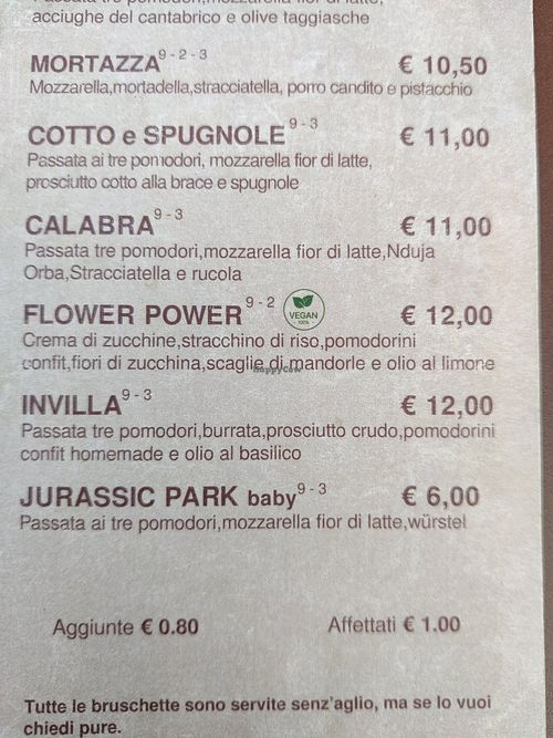 Menu at Invilla in Thiene