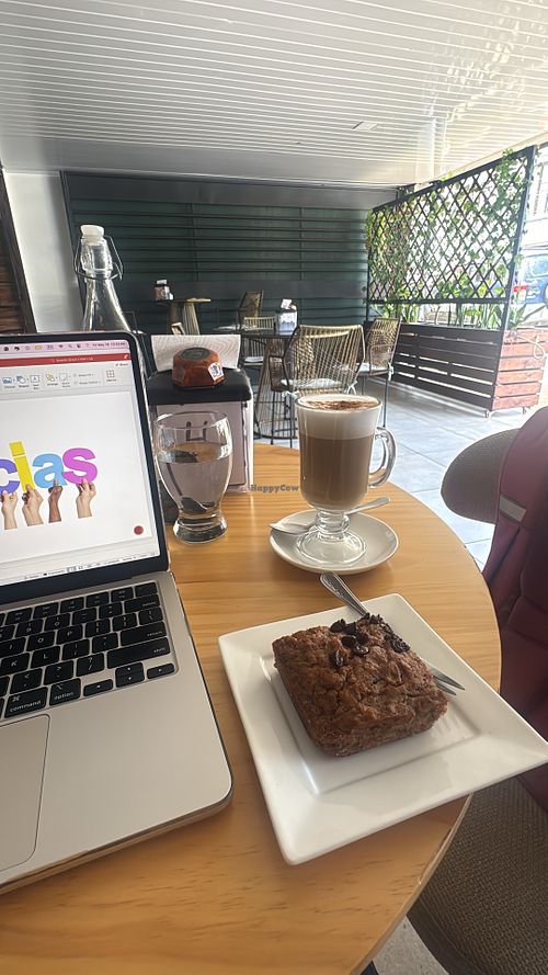 Banana bread and latte (vegan)  at Tiempos Cafe in Uvita