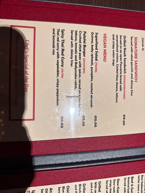 Vegan menu  at An Poc Fada in Kilkenny