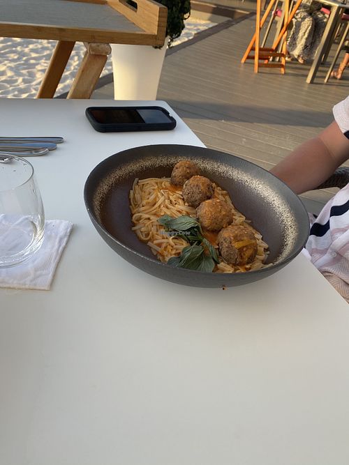 Healthy Italian Vegan Patties and Marinara Sauce over Pasta  at Elements Restaurant in Oranjestad