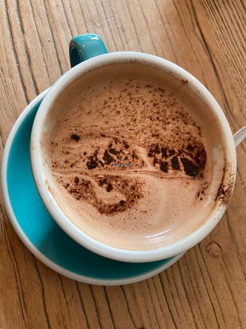Vegan dark hot chocolate, made with soya. Other milks available include coconut and oat  at Natter Cafe in Godalming