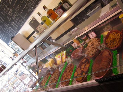 All vegan products inside the glass front 'butchers' counter at De Vegetarische Traiteur in Amsterdam