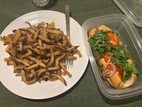 Vegan Italian sausage sub with fries   at Del Friscos in Dollard-des-ormeaux