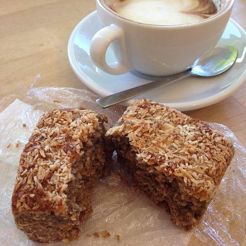 yummy banana bread and soy cappuccino  at Goodies Berlin - Friedrichshain in Berlin