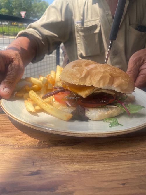 Satay burger with fries  #Veganuary at Phoenix Food & Coffee in Bairnsdale