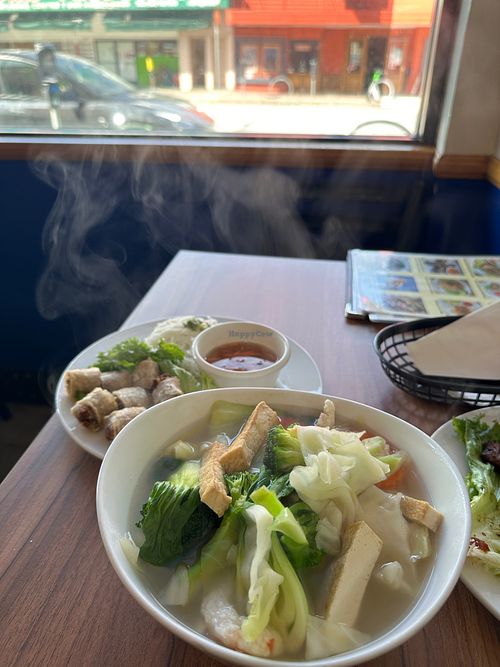 Deep Fried Vegan Imperial Rolls + Vegan Pho with plant-based “shrimp”  at Thanh Thanh Cafe in San Francisco