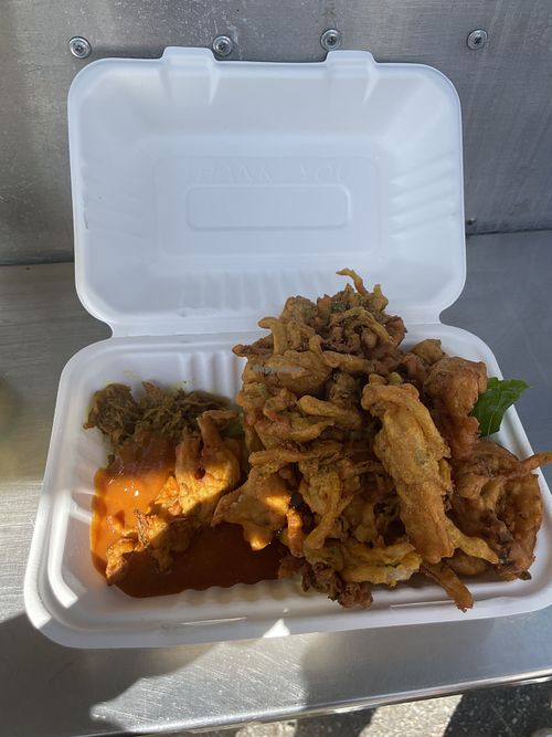 Cauliflower pakora with pickle  at Fresh Pakoras in Vancouver