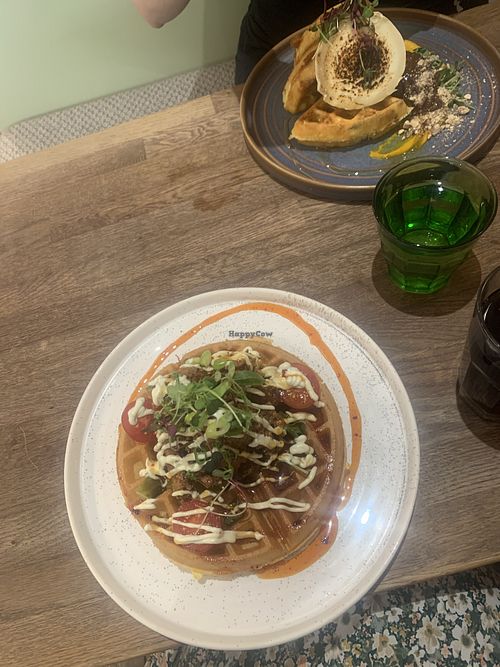 Vegan fried ‘chicken’ waffles (front), goats cheese waffles (veggie only, back)   at Utter Waffle - Balham in South West London