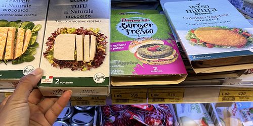 Tempe, tofu, burger and schnitzel   at Conad in Vlora