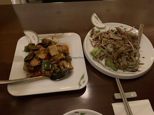 Stir fried tofu & mushrooms in medium spicy sauce w/ ho fun noodles (all gluten-free) #Veganuary at Tofu Vegan - Charlotte in London