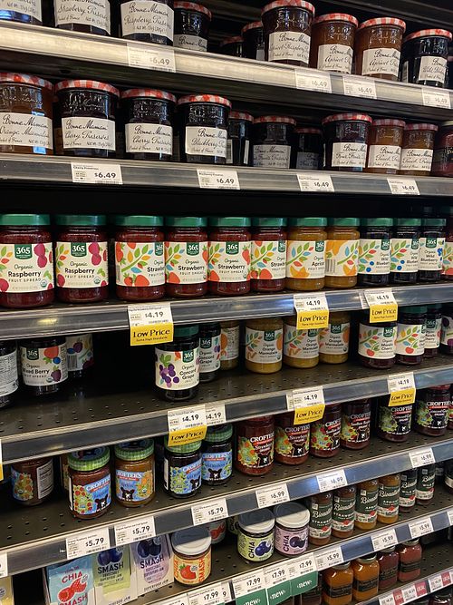 Recommend Buying Items or Refilling - Jams $4.19 and you get the glass jar. Upcycle to save money y’all! ♻️  at Whole Foods Market in Fremont