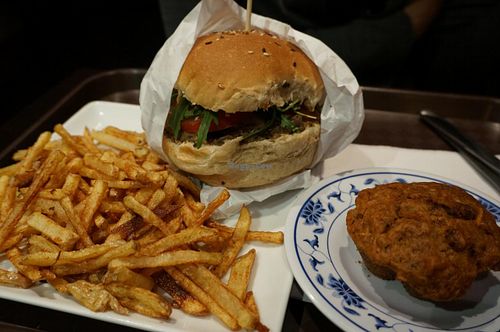 Mushroom burger and carrot cake (vegan). at VG in Paris