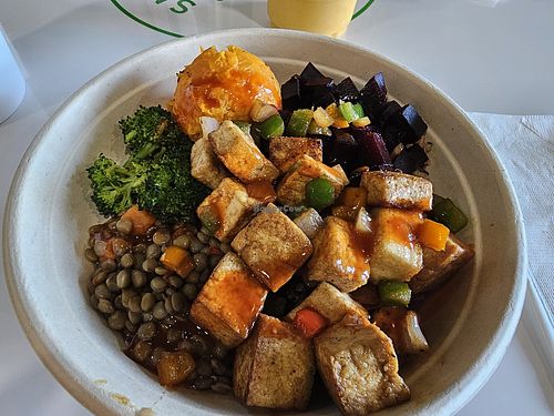 Tofu, quinoa, beet, lentils and broccoli bowl. at Smoothie Spot in Miami