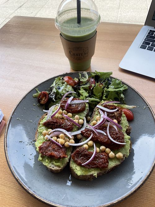 Avo on toast and super greens protein smoothie   at Chateau Café in Stevenage