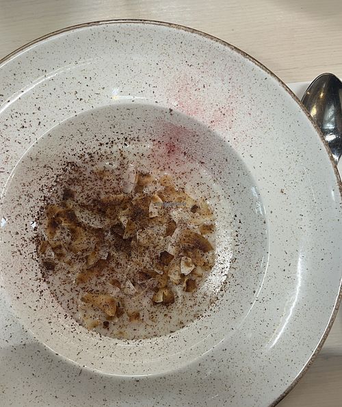 vegan coconut milk krupicova kase (semolina pudding i guess?), oat cappuccino and vegan pistachio cake. liberec is finally getting at least somewhat vegan friendly  at Liberecký DOK (by Nordbeans) in Liberec