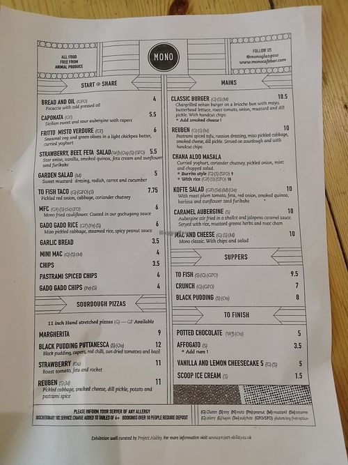 Menu at Mono in Glasgow