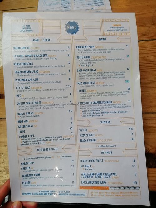 Menu (Nov 2021) at Mono in Glasgow