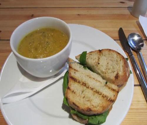 Soup-and-sandwich: parsnip-carrot-dill soup and smoked tofu sandwich at Mono in Glasgow