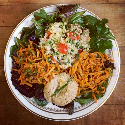 'The Casbah' Salad – Field Greens, Quinoa Tabouli, Lemon Hummus, Coriander Carrot slaw, Balsamic Vinaigrette (gluten-free, spring/summer menu item) at The Red Fern in Rochester