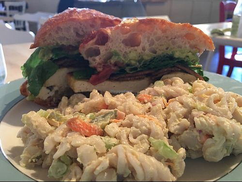 tofu egg breakfast sandwich with Mac salad at The Red Fern in Rochester