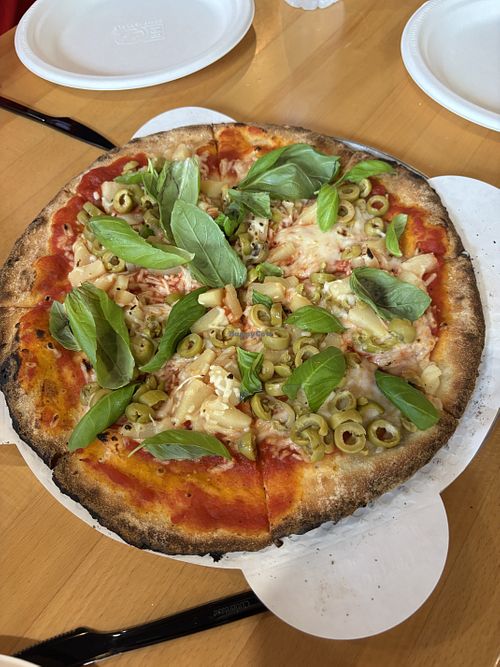 Cauliflower crust pizza on house red with plant based cheese with basil/green olives/pineapple  at Firebird Pizza  in Traverse City