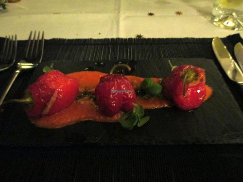 Stuffed pequillo peppers in a spicy tomato sauce - starter from New Year's Eve set menu at Raw - La Suite West in West London