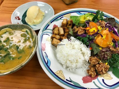 Kabocha soup, sorbet, salad with tofu, persimmon, candied walnuts at Roots Cafe in Honolulu