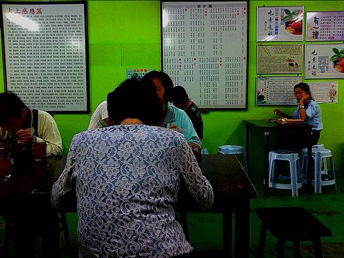 bright yellow-green at the backdrop  at Meow Yean Vegetarian in Sungai Petani