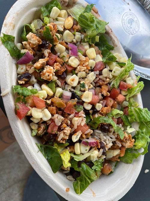 Vegan Sofrita Bowl with every veggie possible and black beans at Chipotle in Gainesville