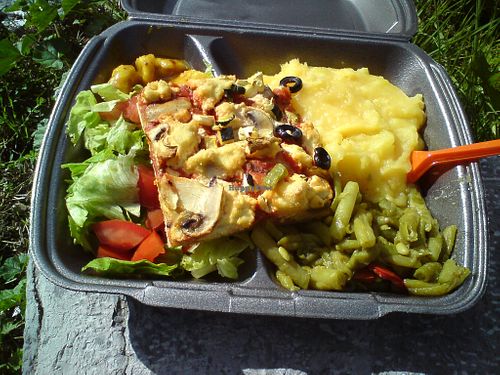 The takeaway fare from 14th October 2020 inc vegan pizza slice. costs 25kuna = 3 euros at Chandra in Karlovac