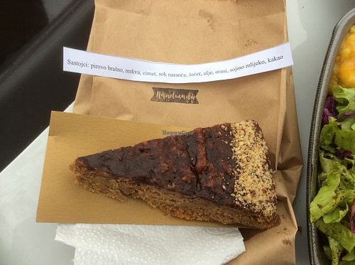  Vegan carrot and cocoa cake handmade locally available for an extra 120k.  About 1.50 euros at Chandra in Karlovac